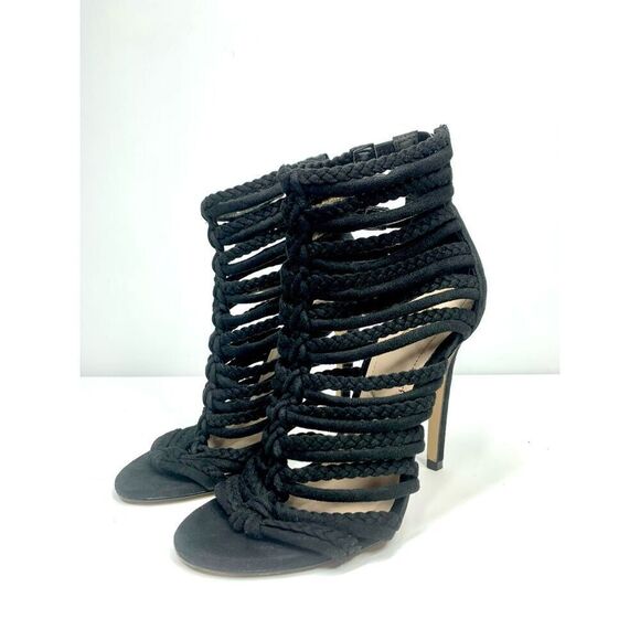 ALDO Black Braided Knit & Suede Cage High Heels Open Toe Zip Women Size 5 - Picture 3 of 6